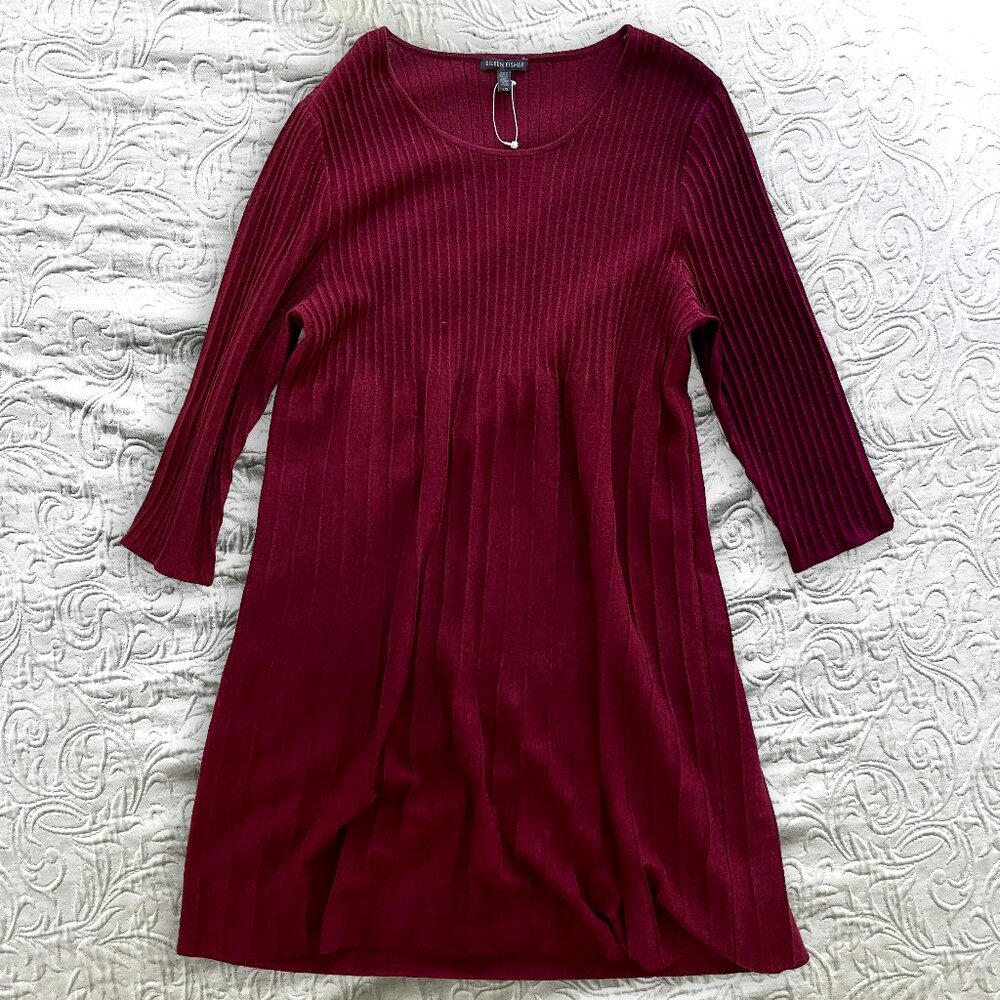 Eileene Fisher NWT 100% Wool Knit Ribbed Sweater Dress Cranberry Red Sz L